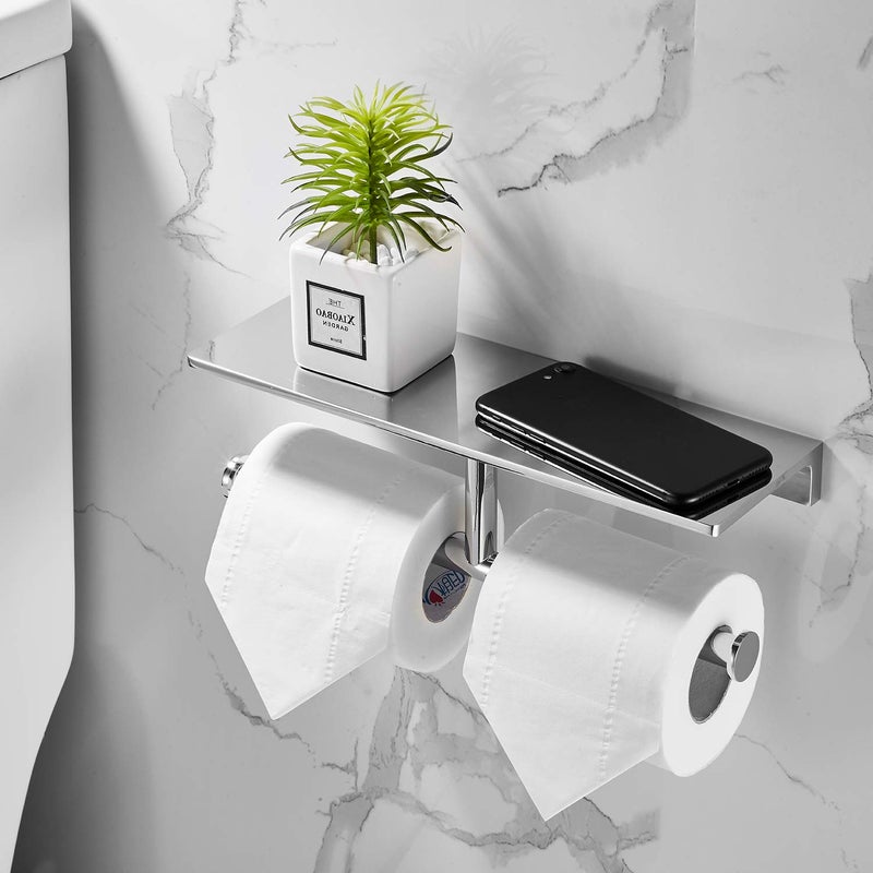 LANGPAI Double Roll Toilet Paper Holder with Shelf Solid Brass and Superior Hotel Style Tissue Dispenser Spared Storage Polished Chrome Finish - Image 4
